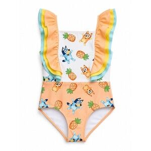 Bluey Girls One Piece Swimsuit Pineapple Print Size 6/7 Ruffle Strap Beach Pool